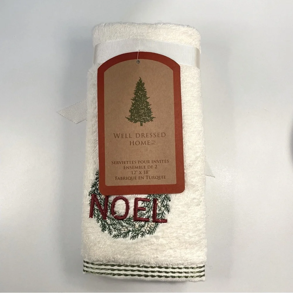 Well Dressed Home Cream Hand Towel with Noel Embroidery Set of 2 NWT